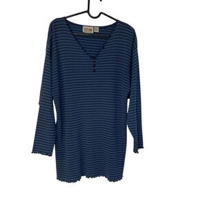 Stefano International Vintage Womens Blue Striped Y2K Henley Top M Lettuce Hem